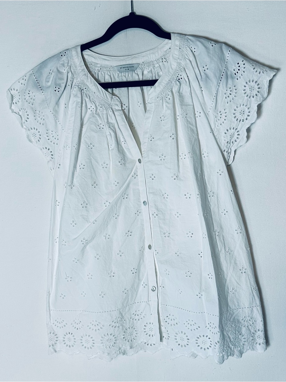 Denver Hayes White Cotton Scalloped Eyelet Peasant Top L Cottagecore Fairycore